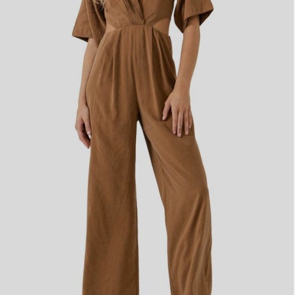 ENDLESS ROSE Women's Brown Cutout Detail Cotton Blend Jumpsuit Size M in Brown - Picture 1 of 12